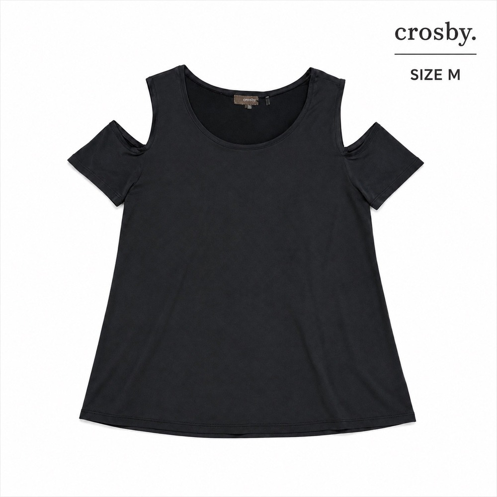 Crosby Womens Black Cold Shoulder Short Sleeve Scoop Neck Modal Blend Top Size M